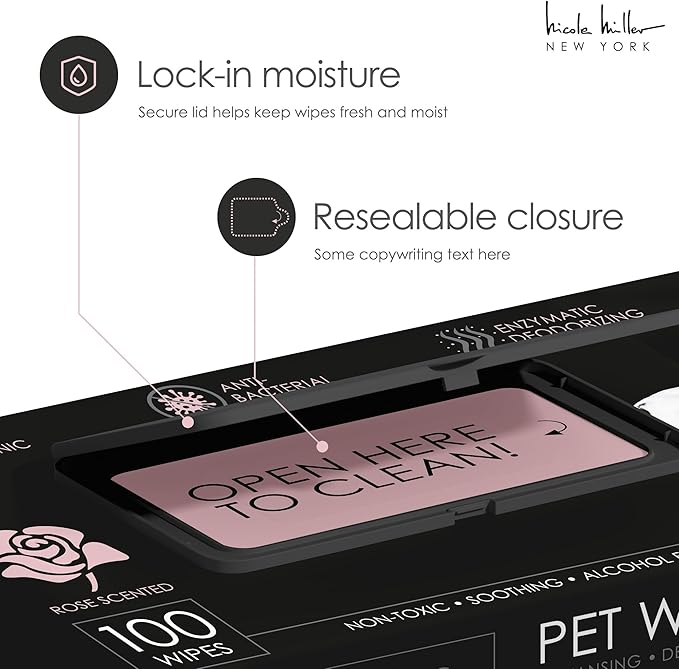 Nicole Miller Rose Scented Alcohol-Free Pet Wipes, Clean Ears, Paws, Body, & Butt - 100pk