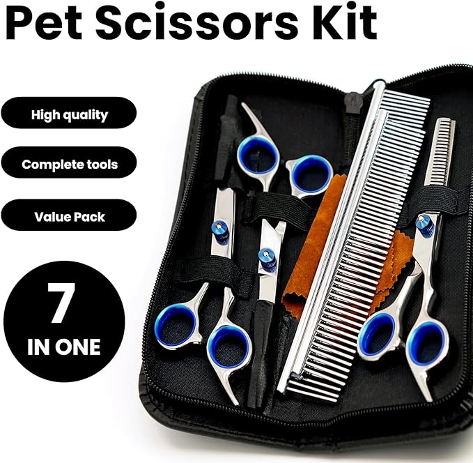 7 in 1 Dog Grooming Scissors Set with Safety Round Head, Sharp and Durable, with Two Stainless Steel Combs, Pet Grooming Scissors for Cats and Dogs