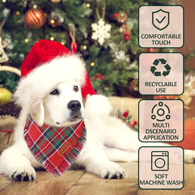 Merry Christmas Dog Bandanas with Tassels Edges Classic Stylish Plaid 2 Pack Christmas Xmas Dogs Bandana Pet Scarf Bibs Pet Scaf Christmas for Small Medium Large Dog Pets