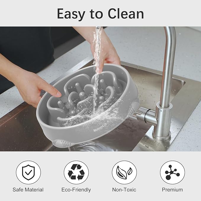 MateeyLife Large Slow Feeder Dog Bowls, Anti-Choking Puzzle Dog Food Bowls, Anti-Slip Interactive Feeding Slow Down Eating, Bloat Stop Maze Dishes for Large Breeds 4 Cups Gray