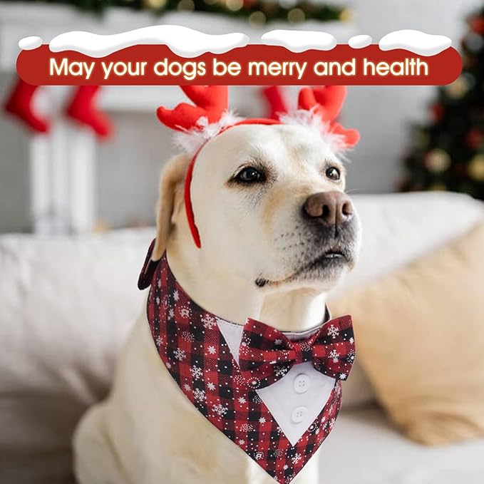 FUAMEY Dog Tuxedo,Formal Dog Bandana Dog Collar with Bow Tie Dog Birthday Costume Adjustable Pet Party Tux Dog Wedding Attire,Dog Valentines Cosplay for Small Medium Large Pets Christmas XS Snowflake