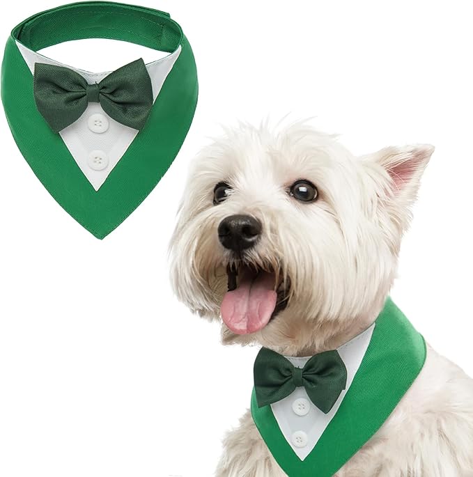 FUAMEY St.Patrick's Day Dog Tuxedo,Pet Green Collar Puppy Costume Adjustable Dog Bandana Cosplay Party Doggie Bibs,Irish Lucky Dress-Up Dog Bow Tie Green and White XS