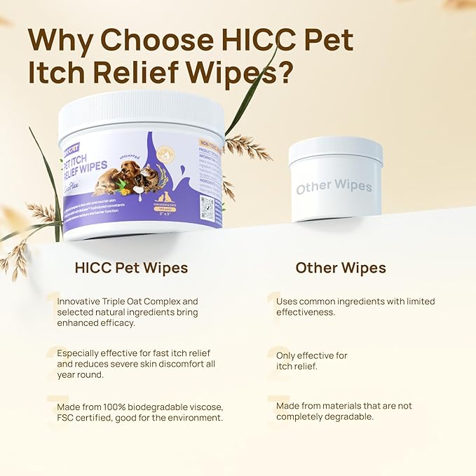 HICC PET Itch Relief Wipes for Dogs & Cats, Rapidly Relieves Itching, Soothes Hot Spots and Skin Irritations, Hypoallergenic Hot Spot Treatment Cleaning Wipes, Alleviate Dry Itchy Skin - 100 Count