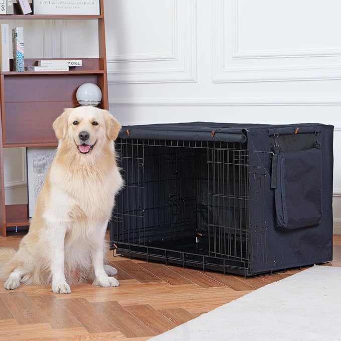 600D Dog Crate Cover, Waterproof Pet Kennel Cover with Storage Bag, Dog Cage Cover Fit for 42 Inch Wire Crate, 42 Inches, Black (Cover Only)