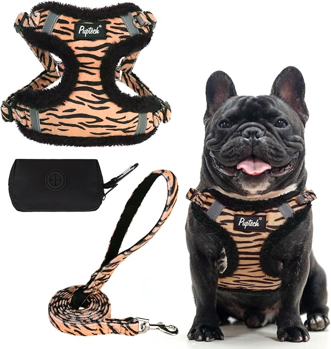 PUPTECK No Pull Dog Harness and Leash Set Reflective No Choke Step in Puppy Halter for XS Small and Medium Sized Dogs, Brown Tiger Print, Plush, L