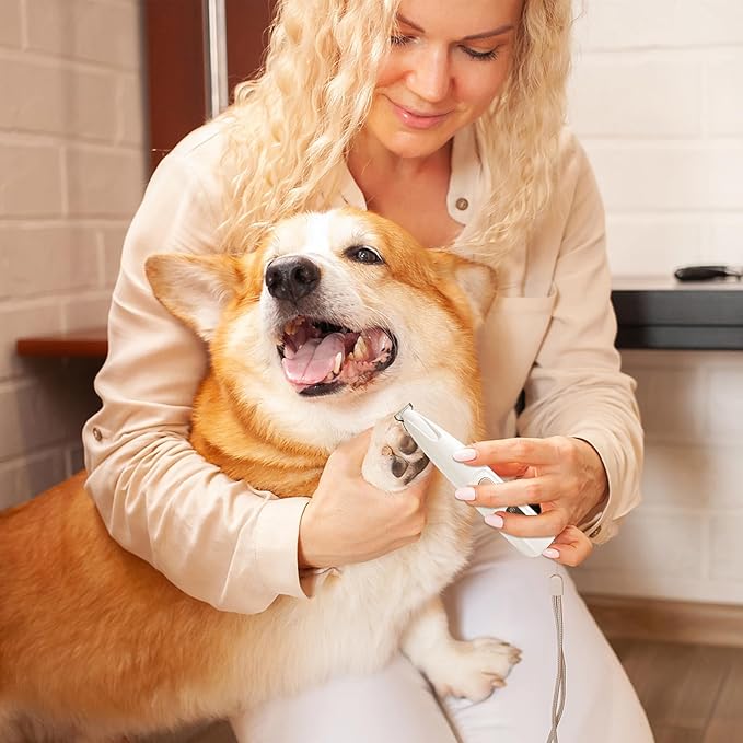 Electric Paw Trimmer for Dogs & Cats - Ultra Quiet Rechargeable Clipper with LED Light, 2 Wide Blades, Waterproof for Paws, Ears, Face, Rump - Multifunctional Pet Grooming Tool