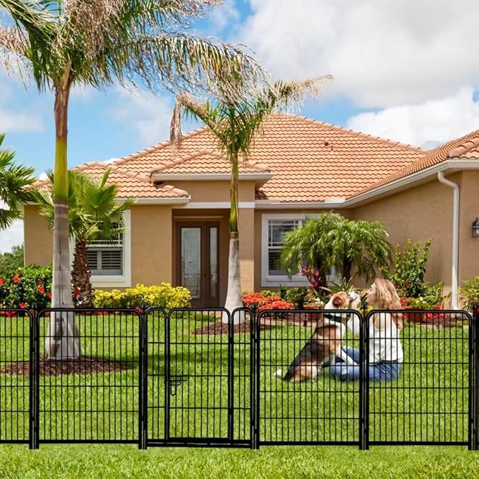 ADAVIN Tall Garden Fence 54 in(H)×22.1 Ft(L),10 Panels Dog Fence Outdoor for Yard, Heavy Duty Iron Metal Fence with Gate Low Threshold, No Dig Fence Panels, Animal Barrier Fence, Black