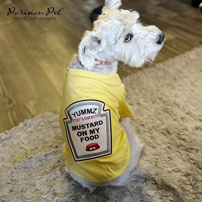 Parisian Pet Dog Shirt - Embroidered ?œMustard on My Food??- 100% Cotton and Polyester Dog Clothes - Sleeved, Lightweight Costume for Dogs - Yellow Dog Shirts for Small Dogs - Pet Costumes - S