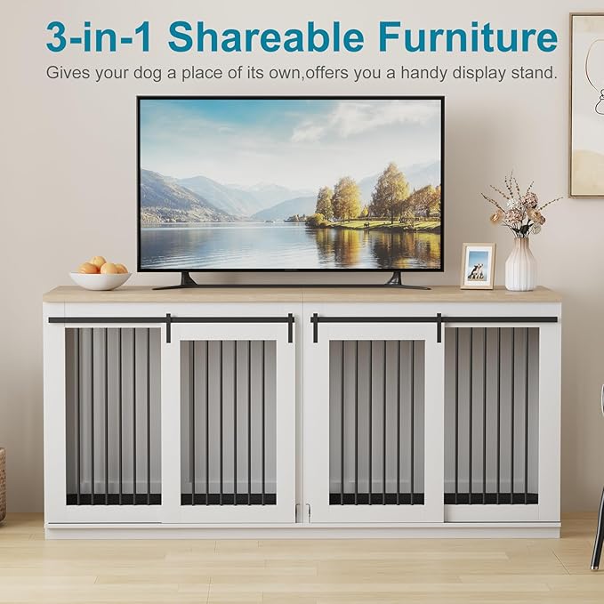 71'' Dog Crate Furniture for 2 Dogs, Wooden Double Dog Crate Large Breed with Cushion, XXL Indoor Dog Kennel Tv Stand End Table with Divider for Large Medium Dogs