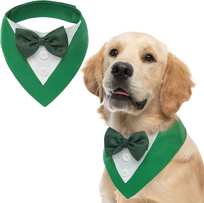 FUAMEY St.Patrick's Day Dog Tuxedo,Pet Green Collar Puppy Costume Adjustable Dog Bandana Cosplay Party Doggie Bibs,Irish Lucky Dress-Up Dog Bow Tie Green and White XL