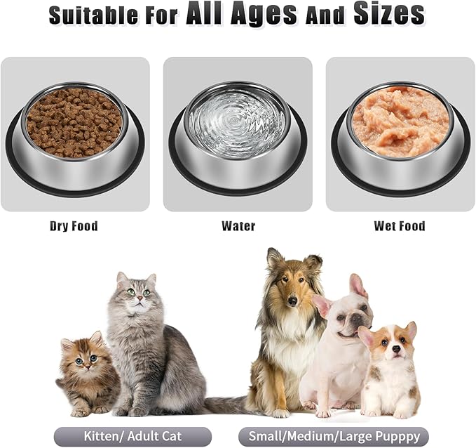 3Pcs Stainless Steel Dog Bowls - Non-Slip Food and Water Bowl Set 13 Oz - Dishwasher-Safe, Rust Resistant Metal Pet Bowls for Small/Medium/Large Sized Pets