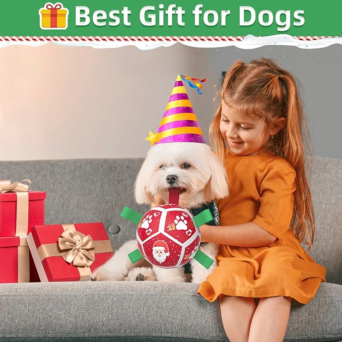 QDAN Christmas Dog Toys Soccer Ball with Straps, Outdoor Interactive Dog Toys for Tug of War, Puppy Birthday Gifts, Dog Tug Toy, Dog Water Toy, Durable Dog Balls for Small Dogs(5 Inch)