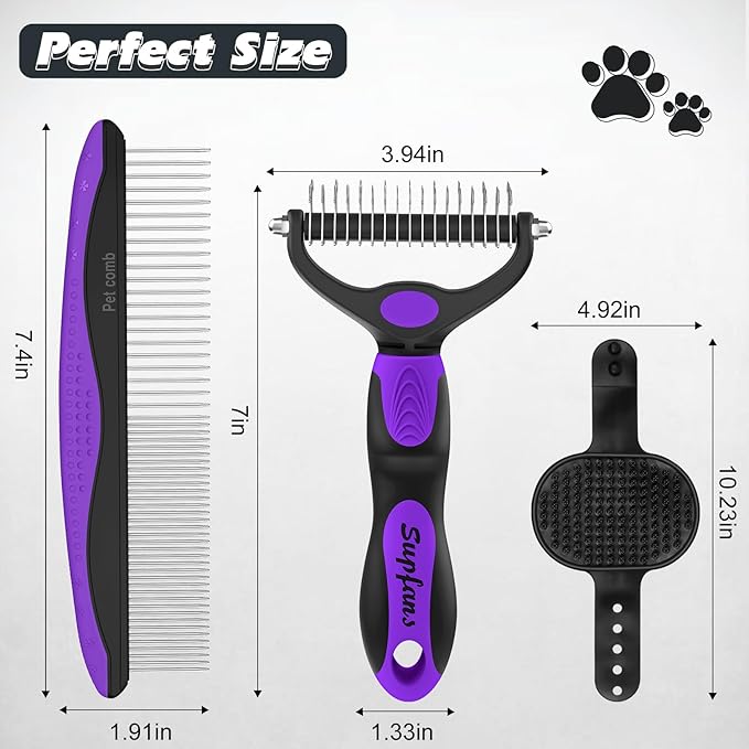 3PCS Premium Dog Grooming Kit - I Deshedding Brush & Metal Comb for Dogs & Cats (Purple Black)