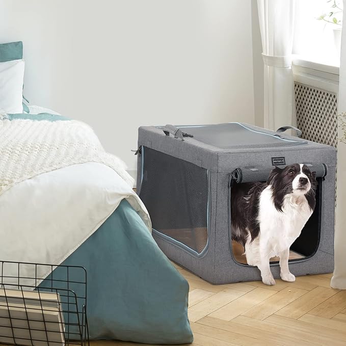 PETSFIT Travel Dog Crate, Soft Sided Dog Crate - 36 Inch Easy Set-up, Light, Sturdy, Comfy Inside with Thicken Mat, Collapsible Crate for Home and Travel Grey