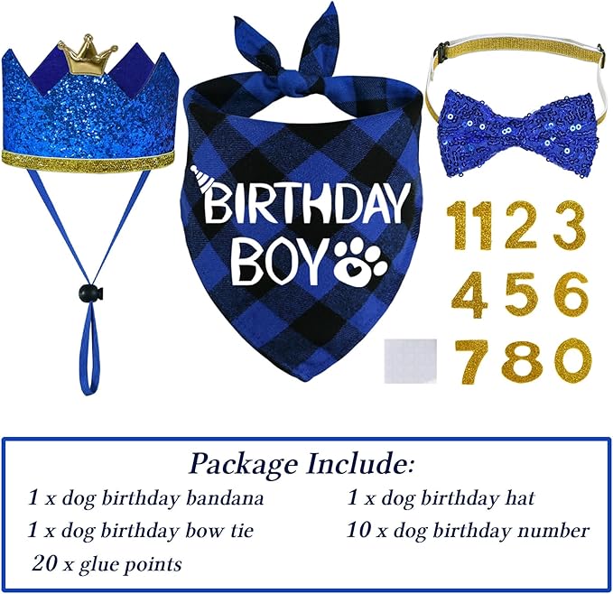 STMK Dog Birthday Party Supplies, Multi Size Dog Birthday Hat with Numbers Bandana Bow Tie for Large Extra Large Dogs Pets (Blue, X-Large)