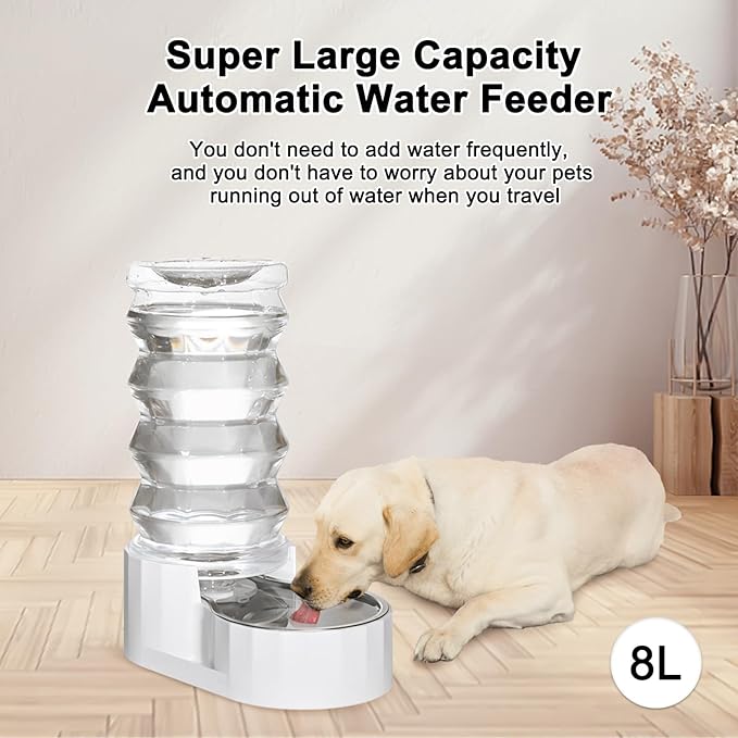 RIZZARI Upgraded 8L Automatic Gravity Dog Water Bowl Dispenser, 100% BPA-Free, Stainless Steel Cat Water Dispenser, Large Capacity Water Dispenser with Two Caps and Filters (Pure White,8L)