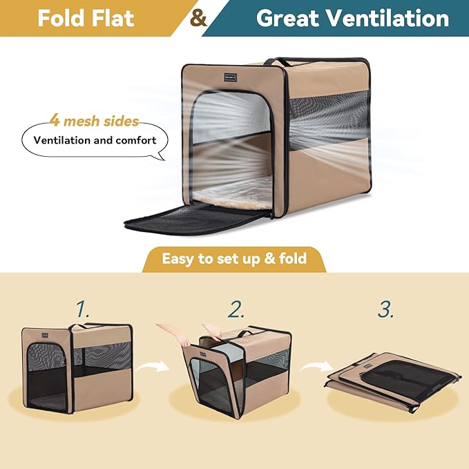 PETSFIT Dog Crate Travel, Portable Dog Crate - 31 Inch with Thicken Mat, Easy to Fold, Sturdy and Portable, Perfect for Traveling, Collapsible Dog Kennel Khaki