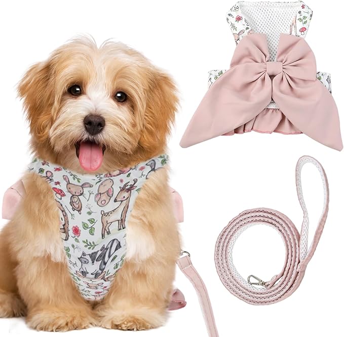 Small Medium Size Dog Harness and Leash Set with Bow Knot,No Pull Pet Floral Harnesses with D-Ring Soft Mesh Dog Harness Vest Set Escape Proof Harness for Dogs Cats Girl or Boy (S)