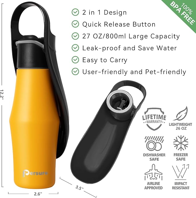 27 OZ Dog Water Bottle Portable Stainless Steel Convenient Pet Water Dispenser, Leak Proof Puppy Travel Water Bowl for Dog Outdoor Walking, Hiking, Perfect Size for All Dog Breeds, Yellow