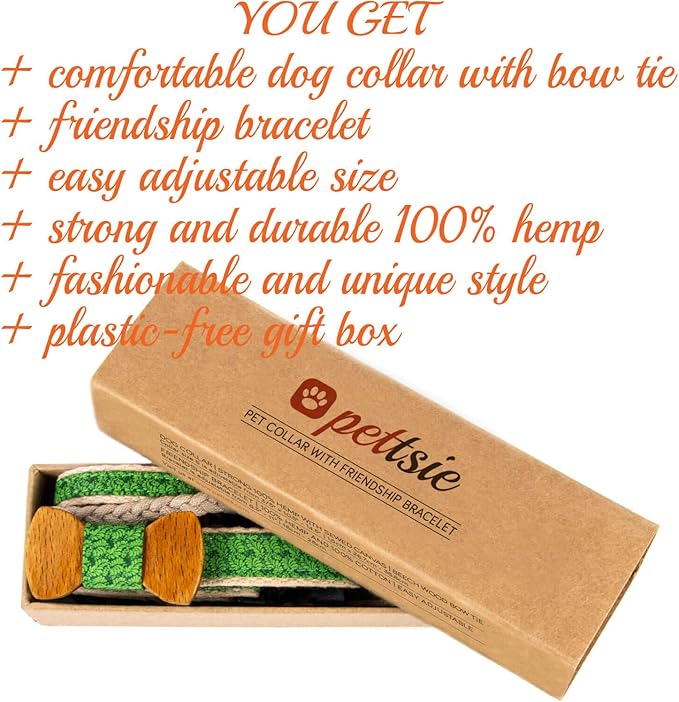 Pettsie Matching Dog Collar Bow Tie, Friendship Bracelet, Durable Hemp for Extra Safety, 2 Easy Adjustable Sizes, Comfortable and Soft for Sensitive Skin, Strong D-Ring for Leash Attachment