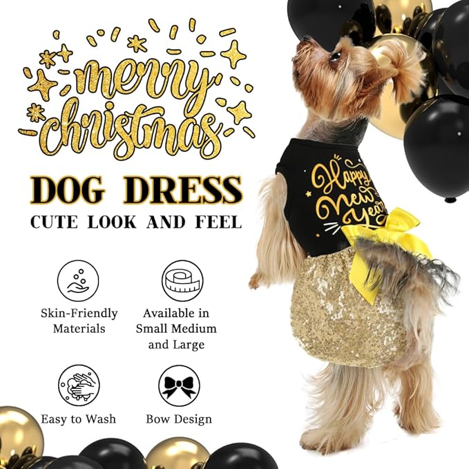 Happy New Year Outfit - Dog Dresses & Costumes for Small & Large Dogs - Funny Puppy Dress with Bow - Holiday & Christmas Costume
