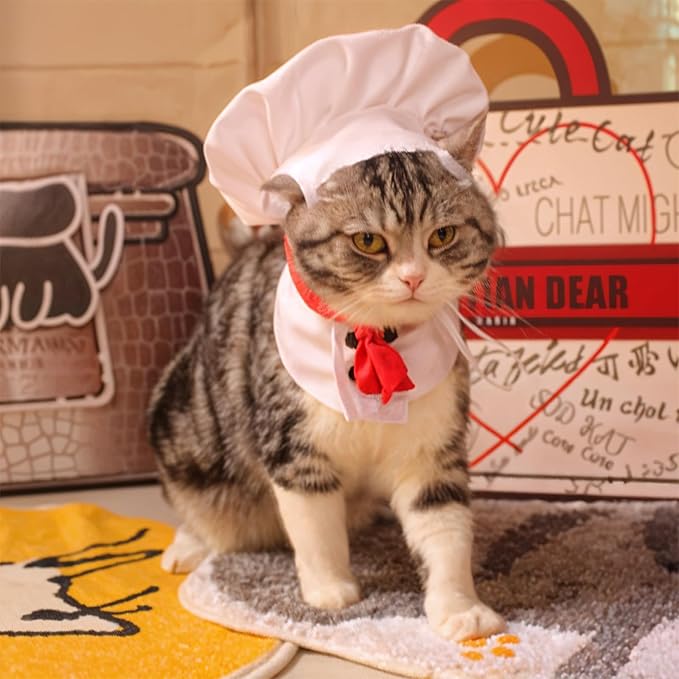 Pet Chef Hat - White Pet Hat Chef Appearance Clothing, Adjustable Cooking Cap and Cloak Set