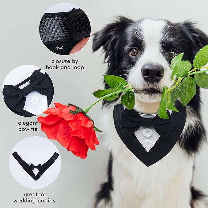 FUAMEY Tuxedo Bandana Collar With Bow Tie, Wedding Attire, Birthday Costume, Valentines Outfit for Small Medium Large Dogs, Black XL