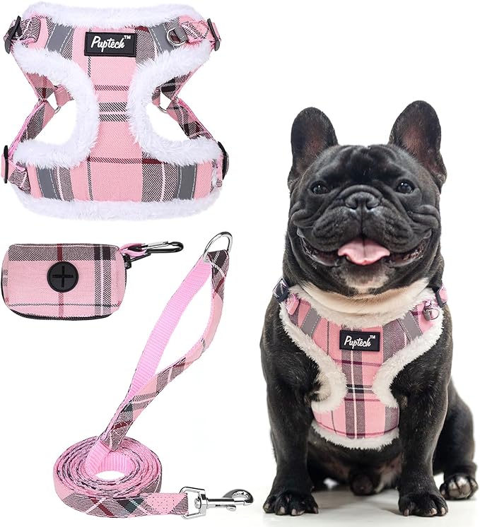 PUPTECK No Pull Dog Harness and Leash Set Reflective No Choke Step in Puppy Halter for XS Small and Medium Sized Dogs, Pink Plaid, Plush, L
