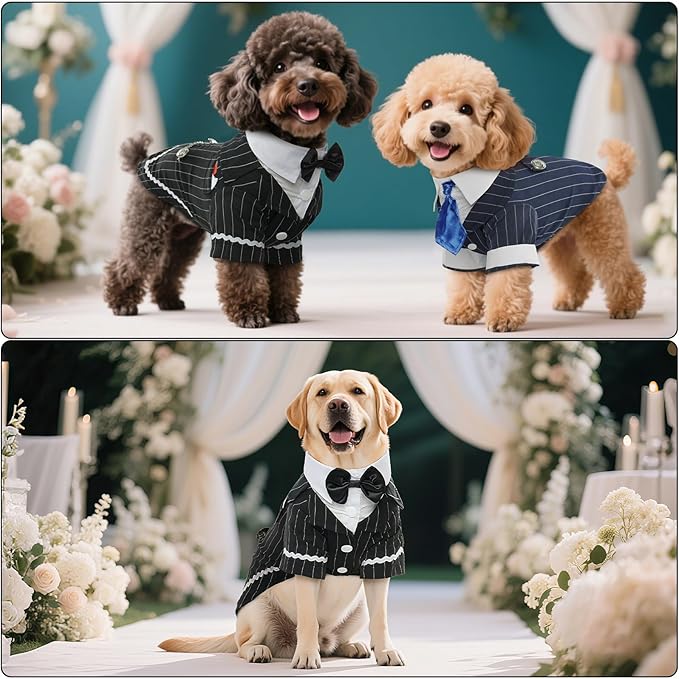 DENTRUN Dog Tuxedo Suit with Bow Tie - Formal Black & White Striped Pet Costume Shirt, Elegant Wedding Outfit Birthday Party Attire for Maltese Dachshund Yorkie Puppies Shih Tzu Small Medium Dogs, M