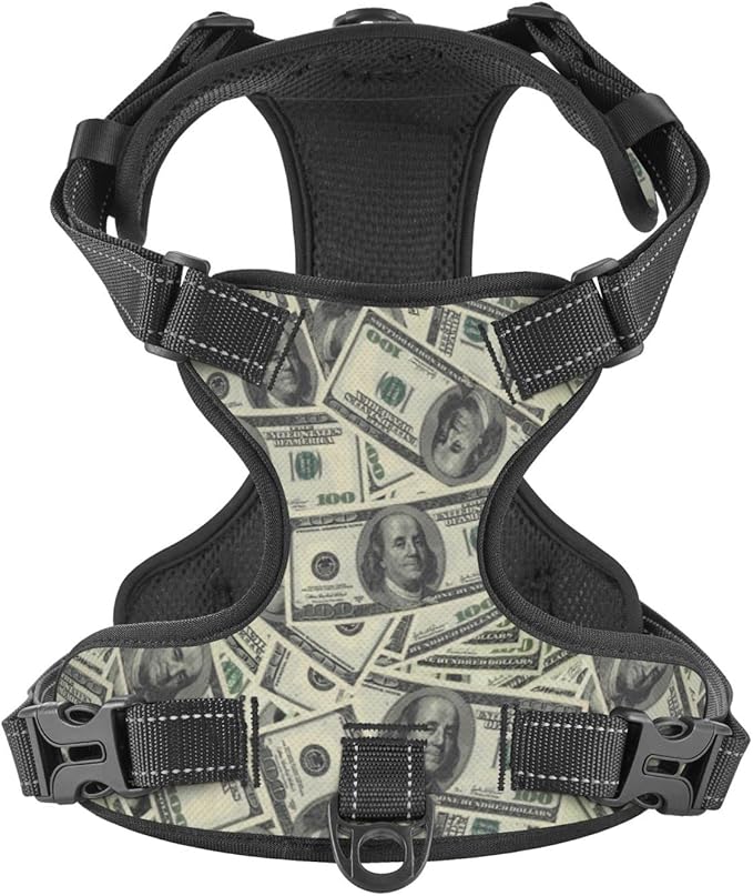 No Pull Dog Harness for Small Dogs Easy Walk Dog Vest Adjustable Collars Harnesses & Leashes Set Breathable Oxford Outdoor Walking Safety Reflective Strip Dollar Cash Prints