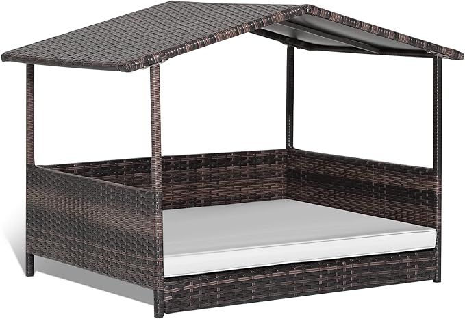 Giantex Wicker Dog House, Raised Rattan Dog Bed with Waterproof Roof, Washable Cushion Cover, Steel Frame, Indoor Outdoor Elevated Dog Bed Pet House for Small Medium Dogs Cats, Easy Assembly