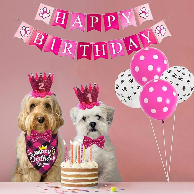 Dog Birthday Bandana Girl Dogs Birthday Party Supplies with Red Tutu Crown Scarf Numbers Red Bowtie Tutu Skirt Paw Balloons for Girl Dog Birthdays Decorations Supplies