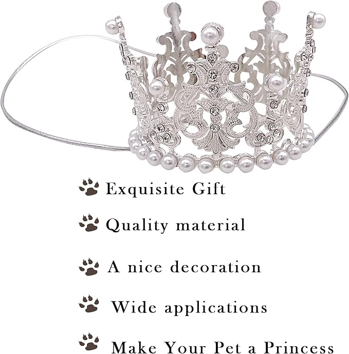 PET SHOW 2pcs Medium Dog Crown Headband Puppies Cat Hat for Birthday Party Silver Gold Rhinestone Faux Pearl Crown for Boy Girl Wedding Hair Accessories Photo Prop Costume