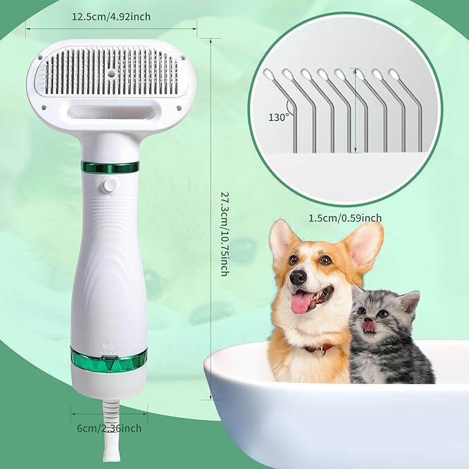 Pet Hair Dryer with Slicker Brush - 3 Heat Settings, One-Button Hair Removal, Portable Dog Blower - Professional Home Grooming Furry Drying for Small Large Cat Dog