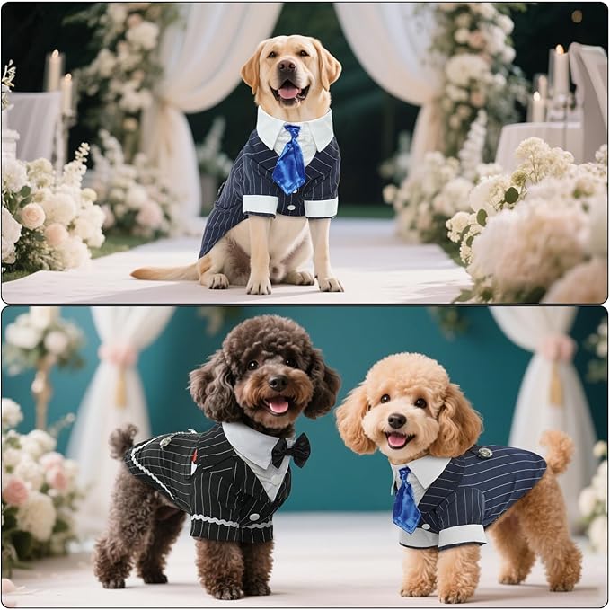 DENTRUN Navy Blue Dog Tuxedo - Formal Pinstripe Pet Suit Shirt with Satin Tie, Elegant Wedding Outfit Birthday Party Attire for Golden Retriever Husky Border Collie Large Dogs (Polyester), XXL