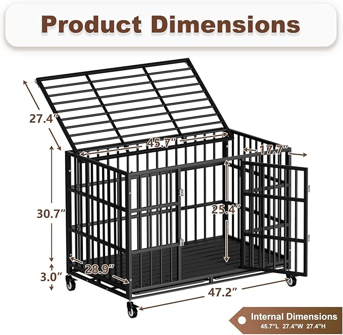 48 Inch Heavy Duty Dog Crate with Wheels,Indestructible Escape-Proof Dog Cage for Large Dogs, Extra Large XL XXL Indestructible Dog Crate with Removable Tray.