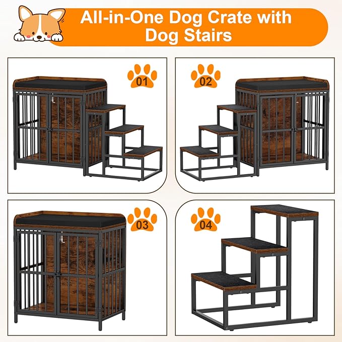 Snughome Dog Crate Furniture with Stairs, 41.73‘’ Wooden Dog Kennel Indoor with Double Doors, Furniture Style Dog Crate with Cushion for Dogs, Heavy Duty Dog Cage for Small/Medium Dogs, Rustic Brown