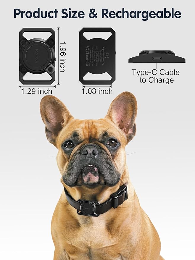 TopMade Smart Pet Tracker with Collar Holder, Cat Dog Tracker Compatible with Apple Find My, Anti-Lost Device Find Tag for Dogs, Cats, Pets, Luggage, Bag Straps, Not a GPS Tracker, Gunmetal