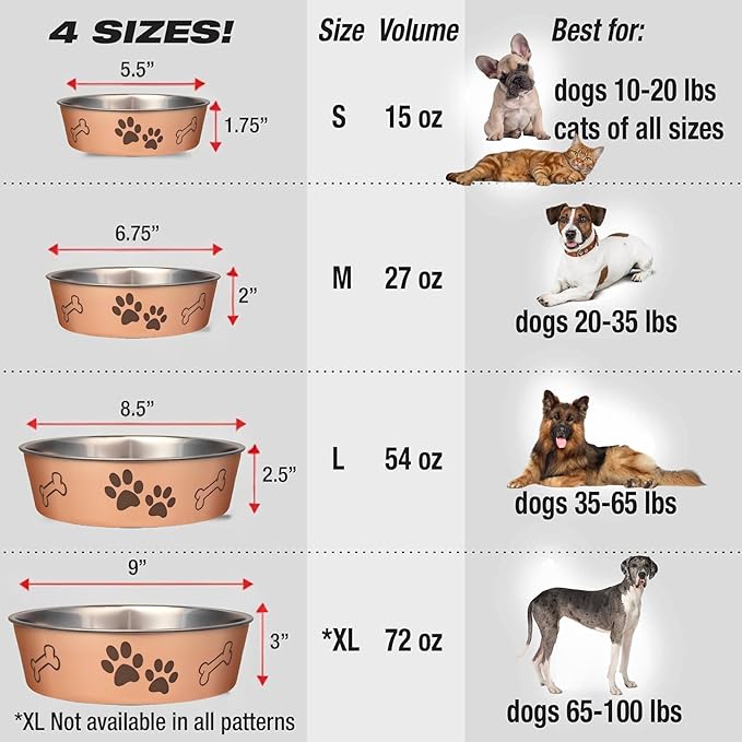 Loving Pets Bella Dog Bowls- Stainless Steel Dog & Cat Bowls - Spill Proof Dog Food Bowl, Cat Bowl, Puppy Essentials & Pet Supplies Great for Home & Travel (X-Large 65-100lbs, Champagne)