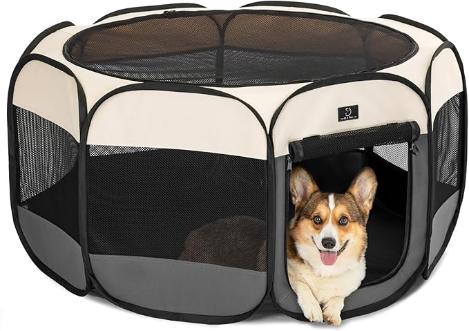 A4Pet Portable Dog Playpen, Pop Up Dog Playpen Indoor/Outdoor, Pet Playpen for Cats, Puppies - Removable Zipper & Collapsible Travel Bowl