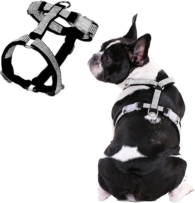 Dog Reflective Rhinestone Harness, No Pull Adjustable D-Ring Harness Walking Harness for Small Meduim Large Dog(Black,M)
