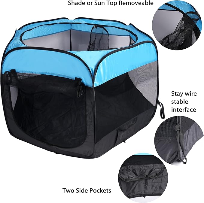 Portable Dog Playpen Cat Tent,Pop Up Playpen for Small Middle Dogs Cats Pet Tent Playground,Indoor Outdoor,37x37x24,Blue/Black,1Pack