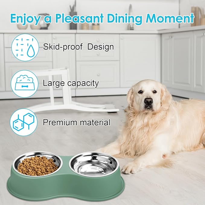 Dog Bowls Large Double Dog Water and Food Bowls Stainless Steel Bowls with Non-Slip Resin Station, Pet Feeder Bowls Food Dish for Small Medium Large Dogs Cats