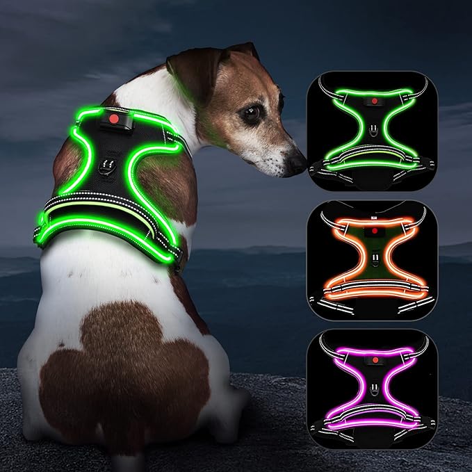Light Up Dog Harness No Pull LED Dog Harness with Handle Vizbrite Rechargeable Lighted Dog Vest Harness for Small/Medium/Large/X-Large Size Dogs No Pull, 4 Point Adjustable Dog Harness Black-Green