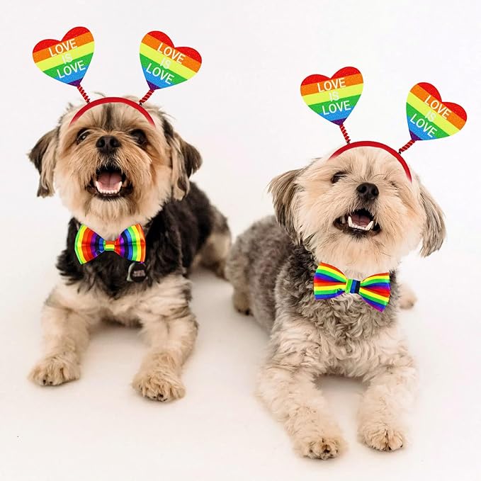 3 PCS Dog Pride Outfit Apparel Clothes, Rainbow Heart Dog Headband Bow Tie Collar for Small Medium Large Dogs (Pride Style 2)