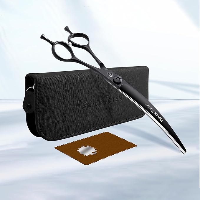 Fenice Dog Curved Grooming Scissors 8.0" Pet Shears Made Of Japanese 440C for Trimming Dogs Cats and Other Pets Face and Paws Black