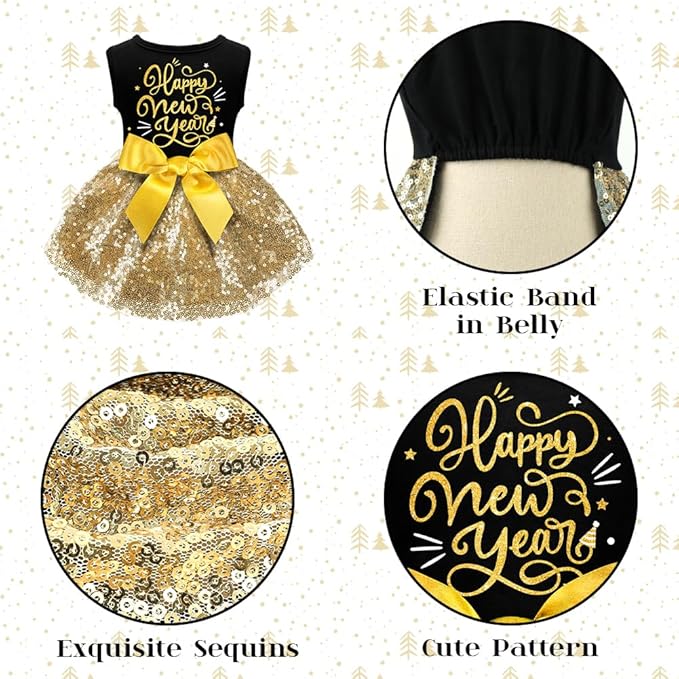 Happy New Year Outfit - Dog Dresses & Costumes for Small & Large Dogs - Funny Puppy Dress with Bow - Holiday & Christmas Costume