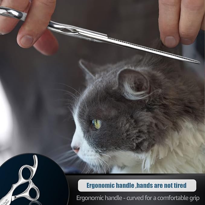 JASON 7.5" Dog Grooming Thinning Blending Scissor, Ergonomic Pet Grooming Thinner Blender Shears Cat Trimming Texturizing Kit with Offset Handle