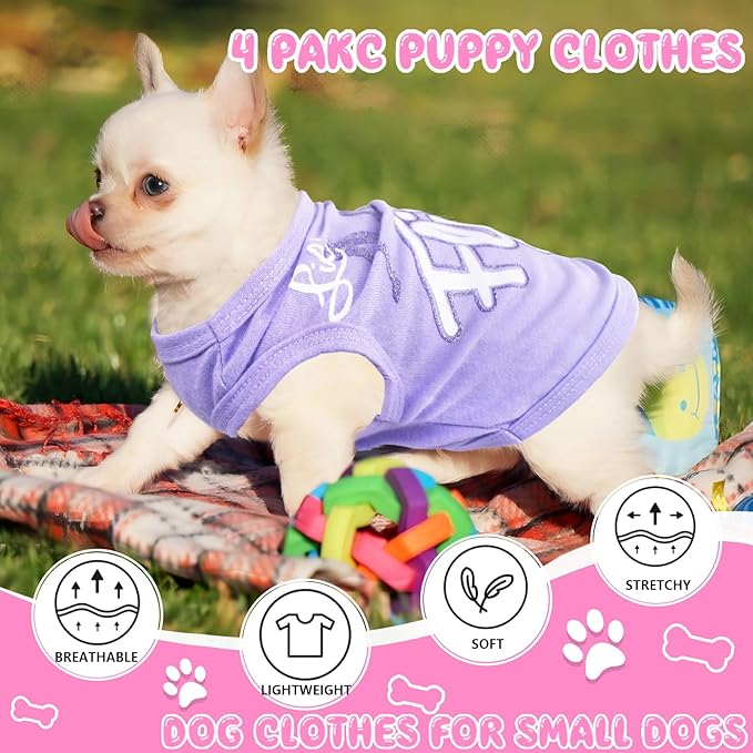 4 Pieces Dog Clothes for Small Dogs Girl Summer Soft Puppy Shirt Cute Chihuahua Teacup Dog Clothes Female Dog Shirts Breathable Pet Clothing Pink Girl Doggie Clothes (XX-Small)