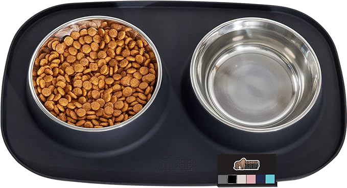 GORILLA GRIP Patent Pending 100% Waterproof BPA Free Cat and Dog Bowls Silicone Feeding Mat Set, Stainless Steel Bowl Slip Resistant Raised Edges, Catch Water, Food, Pet Accessories, 2 Cup, Black